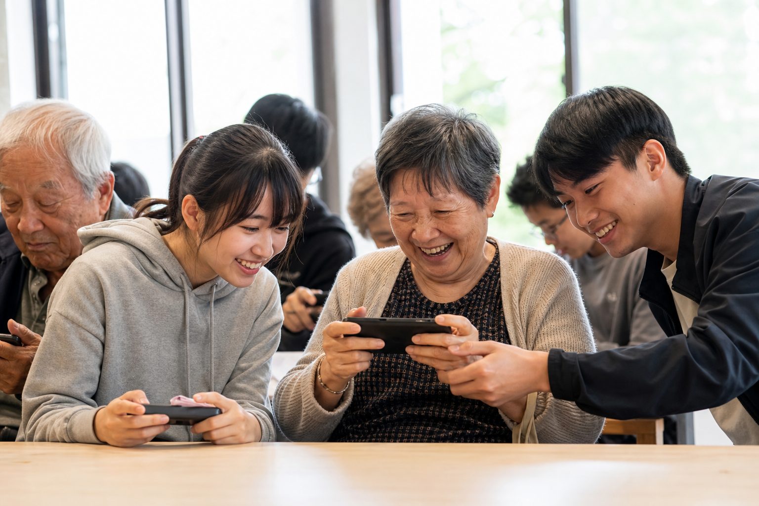 長者與年輕世代一起參與銀髮電競活動的溫暖情境